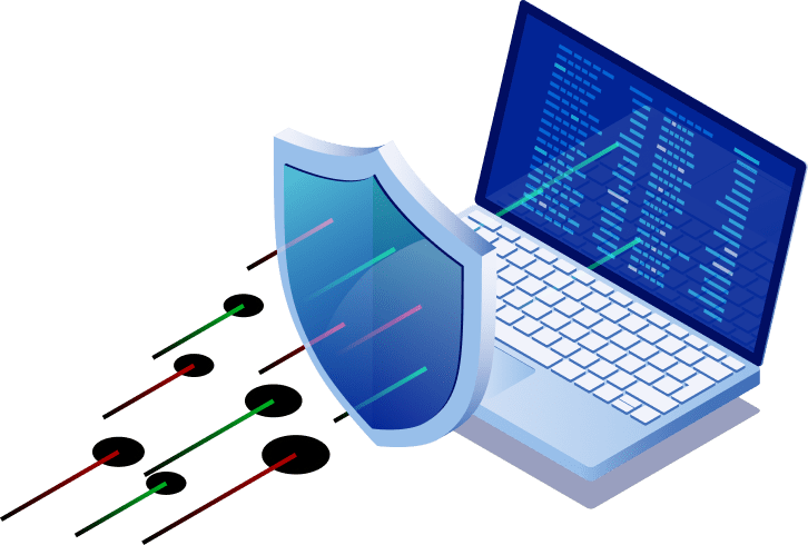 Shield protecting an open laptop from incoming threats—illustrating endpoint protection for BYOD devices in the workplace.