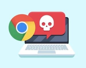 Laptop illustration with the Chrome logo and a red warning skull icon, representing an actively exploited Chrome zero-day vulnerability.